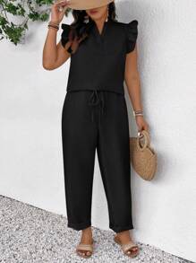SHEIN Frenchy Plus Size Leisure Solid Color Cap Sleeve Shirt And Pants 2 Pieces Set - Black - View 3