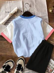 SHEIN 2 件装 Tween Girls 休闲可爱卡通女孩图案 T 恤和短裤套装，夏季 - 彩色 - 查看 2