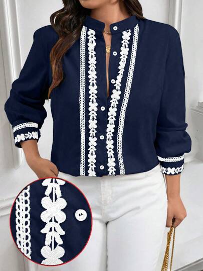 Breezaya 大码立领长袖休闲/办公衬衫，门襟和袖口饰有撞色饰边