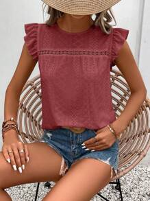 SHEIN Frenchy Rundhals T-Shirt mit Lochstickerei, Rüschenverzierung und Spitzenbesatz