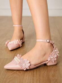 CUCCOO HITCHD 女士尖头舒适可爱珍珠花朵图案婚礼派对粉色平底芭蕾鞋 - 粉色 - 查看 5