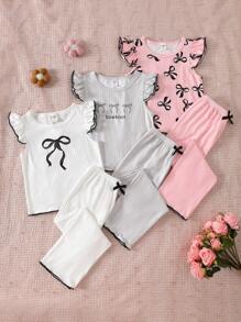 6pcs/Set Young Girl Elegant Simple Ribbed Bow Ribbon Print Pattern Cap Sleeve Top And Long Pants Casual Homewear Outfit - Multicolor - View 1