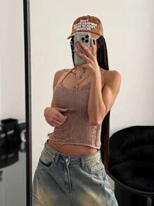 StreetHx 街头服饰女士纯色镂空破洞无袖休闲针织短款上衣，适合春夏季 - 咖啡棕 - 查看 4