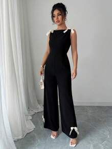 Rafferiza 女士优雅蝴蝶结腰部修身高腰连体裤 - 黑色 - 查看 3