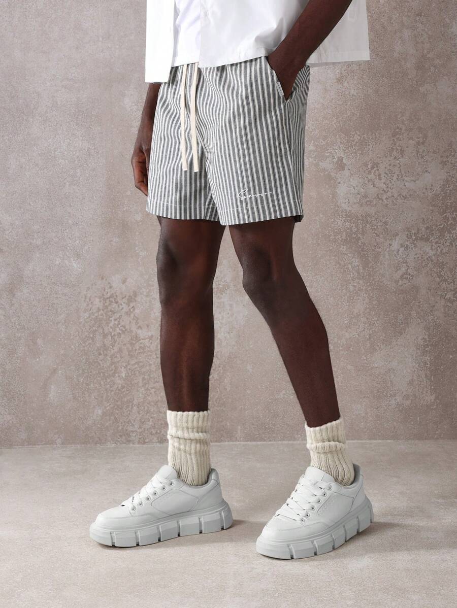 SUMWON 优质条纹常规款抽绳短裤，休闲夏季棉质家居服，舒适的沙滩运动步行短裤，带侧袋