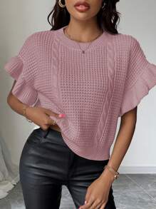 Chiquease Women's Loose Knitted Cable Cable Round Neck Ruffled Sleeve Cardigan Vest - Dusty Pink - View 7