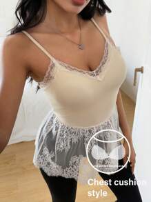 DAZY Áo ba lỗ hở vai tự đệm ren lãng mạn dành cho nữ - Màu be - Xem 3