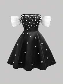 SHEIN MOD 女士黑白撞色露肩珍珠缀饰连衣裙