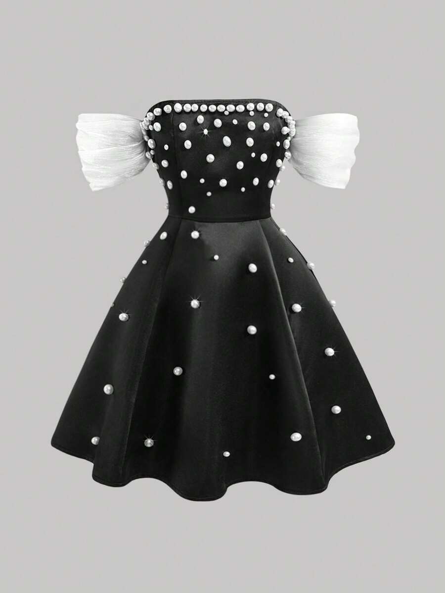 SHEIN MOD 女士黑白撞色露肩珍珠缀饰连衣裙