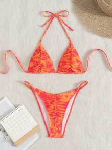 Swim Vcay Random Print Ruched Neck Triangle Top And Adjustable Side Tie Bottoms Bikini Set For Summer Beach Vacation - Multicolor - View 3