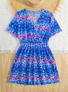 Tween Girls' Heart Print V-Neck Cover Up For Summer Vacation Summer Holiday