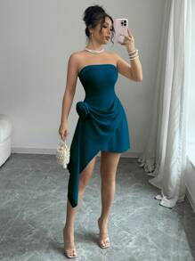 Elenzga Apricot Strapless Ruched A-Line Elegant Romantic Floral Detailed Dress For Women, Valentine's Day - Teal Blue - View 5