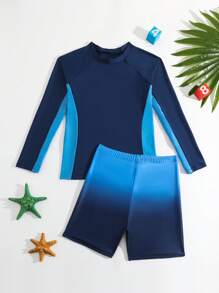 Teen Boy Solid Round Neck Long Sleeve Swimsuit, Minimalist & Fashionable, Suitable For Summer - Multicolor - View 2