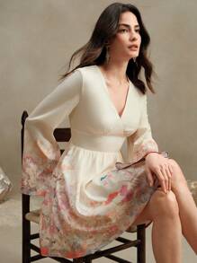 Anewsta 优雅花卉印花 V 领系腰喇叭袖节日派对礼服，适合情人节、新年、度假、波西米亚风、春季服装 - 橘色 - 查看 5