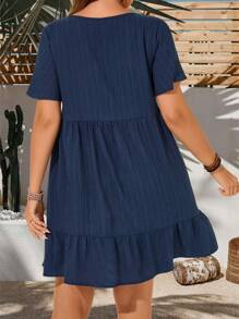EMERY ROSE Plus Size Vacation Casual Solid Color Short Sleeve Dress, Summer Outfits For Women, Easter Dress Women, Bohemia, Rave Outfits, Easter Outfit Curve, Country Concert Outfit,Spring - Navy Blue - View 3