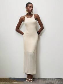 Lumivelle Summer Minimalist Textured Knit Camisole Dress - Apricot - View 5