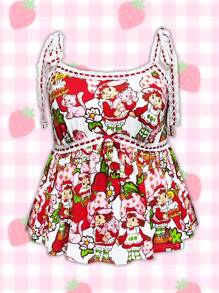 Strawberry Shortcake X SHEIN 加大码卡通草莓印花喇叭下摆夏季吊带背心上衣系带前上衣狂欢节/音乐会女士/狂欢/乡村音乐会/纳什维尔/伊比沙岛 Y2k - 彩色 - 查看 3