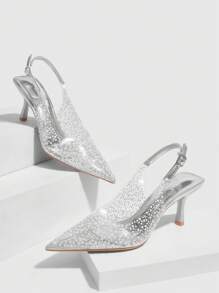 CUCCOO SZL 尖头系带高跟凉鞋，透明银色玻璃水钻装饰，正式晚间新娘婚礼派对鞋