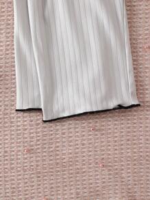 6pcs/Set Young Girl Elegant Simple Ribbed Bow Ribbon Print Pattern Cap Sleeve Top And Long Pants Casual Homewear Outfit - Multicolor - View 3