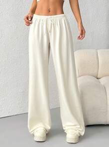 SHEIN EZwear 女士休闲抽绳腰宽松阔腿运动裤 - 米色 - 查看 4