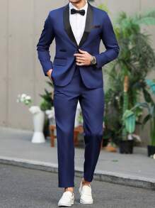 Manfinity Mode Men's Shawl Collar Long Sleeve Jacket And Pants Suit Set - Navy Blue - View 6