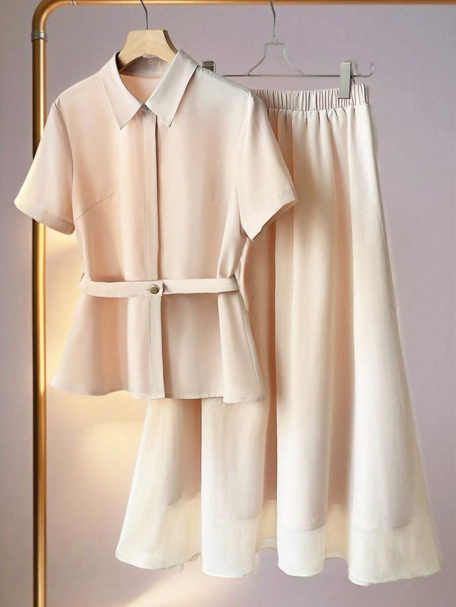 Franclia Women Elegant Fashion Turndown Collar Short Sleeve Shirt And Cinched Waist A-Line Skirt 2 Pieces Set, Versatile For Daily Wear - Apricot - View 1