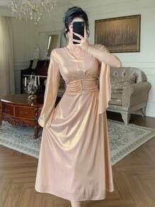 DAZY Đầm midi dài tay xếp ly eo cao thanh lịch mới cho nữ mùa thu - Hồng - Xem 3