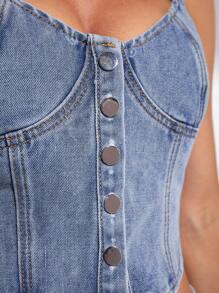 COSMINA Women's Solid Color Front Button Asymmetric Hem Camisole Washed Distressed Stretch Denim Tank Top - Music Festival, Casual, Sexy