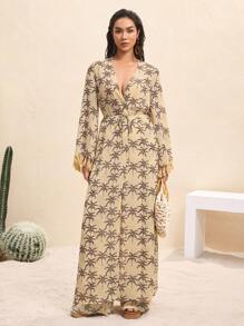 BY FELIZIA Light Apricot Summer Palm Tree Print Chiffon Long Beachwear Vacation Resort Wear New Arrivals Summer Long Kimono For Women - Multicolor - View 5