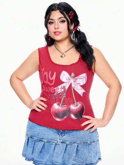 Kawaii Canotta da donna taglia comoda con stampa ciliegie e bordo in pizzo in stile vintage Cottagecore