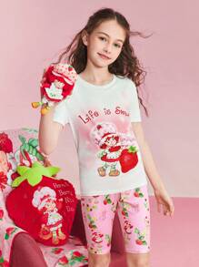 Strawberry Shortcake X SHEIN Tween 女童卡通心形图案白色休闲百搭短袖 T 恤和粉色可爱甜美短裤睡衣套装