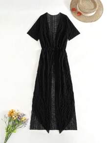 Swim Vcay Swim Chicsea Plain Short Sleeve Split Thigh Kimono Cover-Up For Women - Black - View 4