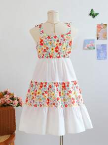 SHEIN 少女色彩鲜艳的花卉图案吊带连衣裙，适合春季 - 白色 - 查看 2