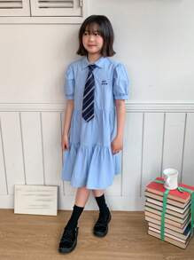 DAZY 青少年女孩彼得潘领褶皱短袖连衣裙，校园风格，夏季，返校服 - 藍色 - 查看 6