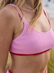 Aralina 罗纹针织高腰 Y2K 超短裤和胸罩两件套 - 粉色 - 查看 3