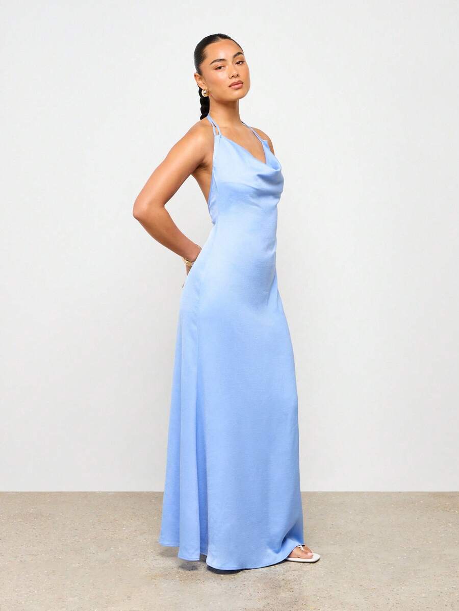 satin slip dress wedding guest Pistachio Silk Blend Slip Dress, Cowl Neck Midi