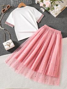 2 件套青少年女孩休闲亮片装饰圆领短袖 T 恤 + 优雅闪亮网眼亮片裙，春夏 - 珊瑚粉 - 查看 2