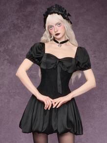 ROMWE Goth Vestido mini con volantes, lazo y estilo gótico para mujer, ropa de verano - Negro - Ver 3