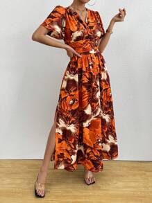 Chiquease Holiday Women's Boho Romantic Beach Women Outfits Concert Outfit Women Holiday Casual V-Neck Short Sleeves Retro Large Flower Orange Brown Retro Print Retro Print Waist Slim Back Flared Side Slit A-Line Long 2025 New Dress - Orange - View 3