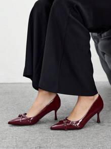 CUCCOO BIZCHIC 女士时尚漆皮尖头高跟鞋，带扣装饰，适合通勤、约会、聚会和其他场合 - 酒紅色 - 查看 5