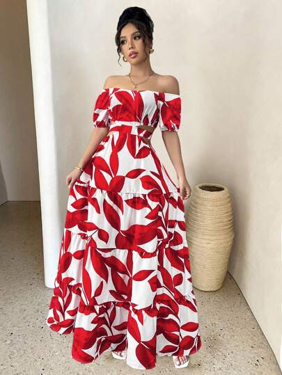 Breezaya Off The Shoulder Dress Off-Shoulder Short-Sleeve Crop Tie Printed Dress. The Elegant Off-Shoulder Design Highlights Charming Collarbones And Shoulders. The Short-Sleeve Cut Offers A Refreshing Wearing Experience. The Crop Tie Design Cleverly Outlines The Slim Waistline. The Unique Textured Fabric Endows The Dress With A High-Grade Texture. The Overall Look Is Fashionable And Eye-Catching.