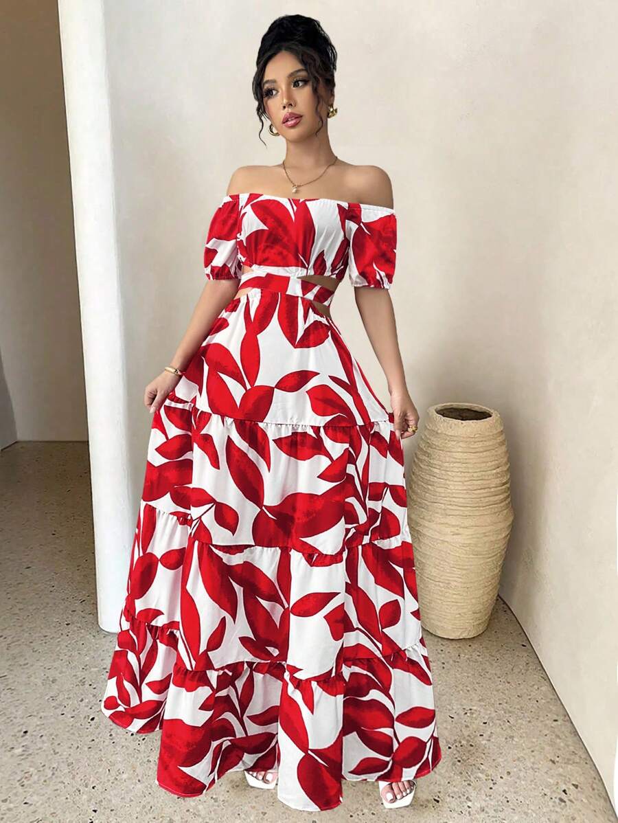 Breezaya Casual - Váy hở vai nơ sau lưng cho kỳ nghỉ giản dị - Đỏ - Xem 1