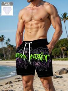 Manfinity Swimmode 男士字母印花抽绳腰沙滩短裤男士短裤图案男士短裤图案男士短裤男士图案短裤男士短裤街头哥特式图案男士泳裤 - 黑色 - 查看 6