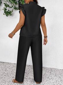 SHEIN Frenchy Plus Size Leisure Solid Color Cap Sleeve Shirt And Pants 2 Pieces Set - Black - View 6