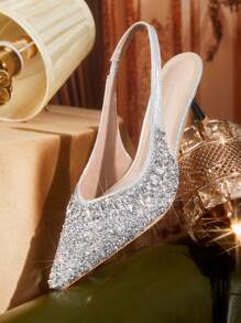 CUCCOO TILAWA Silver Toe Open Pointed-Toe Rhinestone Satin Wedding Heels For Women For Christmas - Silver - View 3