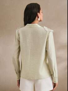 Anewsta Women's Collared Long Sleeve Shirt With 3D Rhinestone Embroidery, Transparent Sensual Fashionable Modest, Spring For Women - Mint Green - View 2