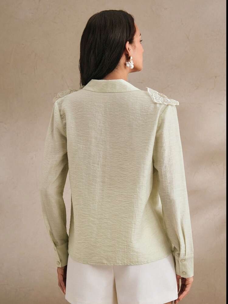 Women's Collared Long Sleeve Shirt With 3D Rhinestone Embroidery, Transparent Sensual Fashionable Modest, Spring For Women