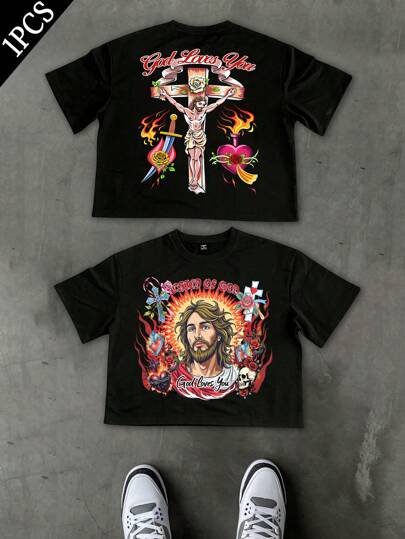 PAVTROS Camiseta de manga corta de cuello redondo con estampado de letra y llama casual para hombres, Camiseta gráfica para hombres, Camiseta gráfica de estilo urbano para hombres, Camiseta de hombre, Camiseta de manga corta de cuello redondo con estampado especial "Jesús" para Pascua, Camiseta holgada corta de verano para uso en exterior y estilo urbano, Adecuada para el estilo de moda de amigos/novio/esposo