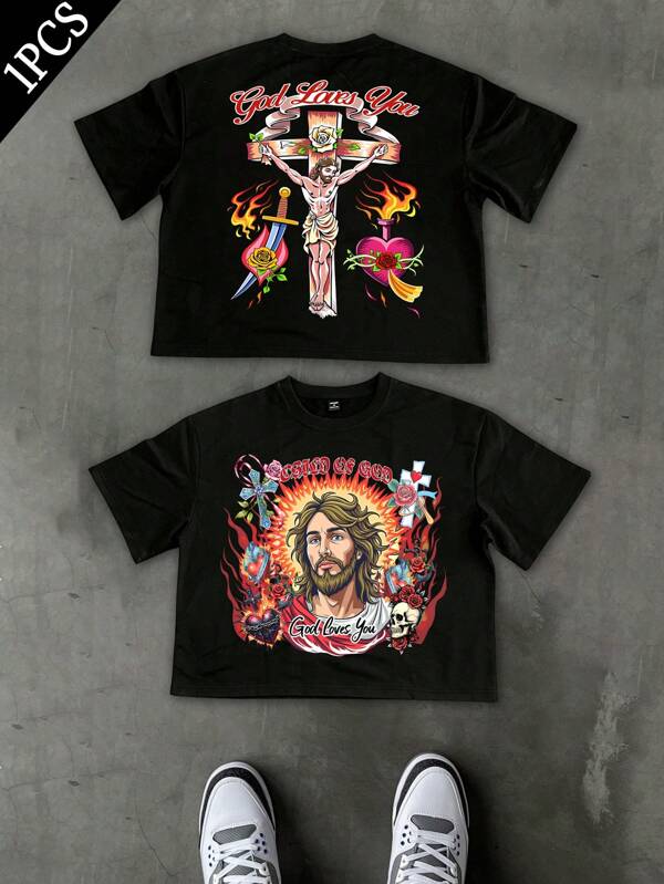 PAVTROS Camiseta de manga corta de cuello redondo con estampado de letra y llama casual para hombres, Camiseta gráfica para hombres, Camiseta gráfica de estilo urbano para hombres, Camiseta de hombre, Camiseta de manga corta de cuello redondo con estampado especial "Jesús" para Pascua, Camiseta holgada corta de verano para uso en exterior y estilo urbano, Adecuada para el estilo de moda de amigos/novio/esposo