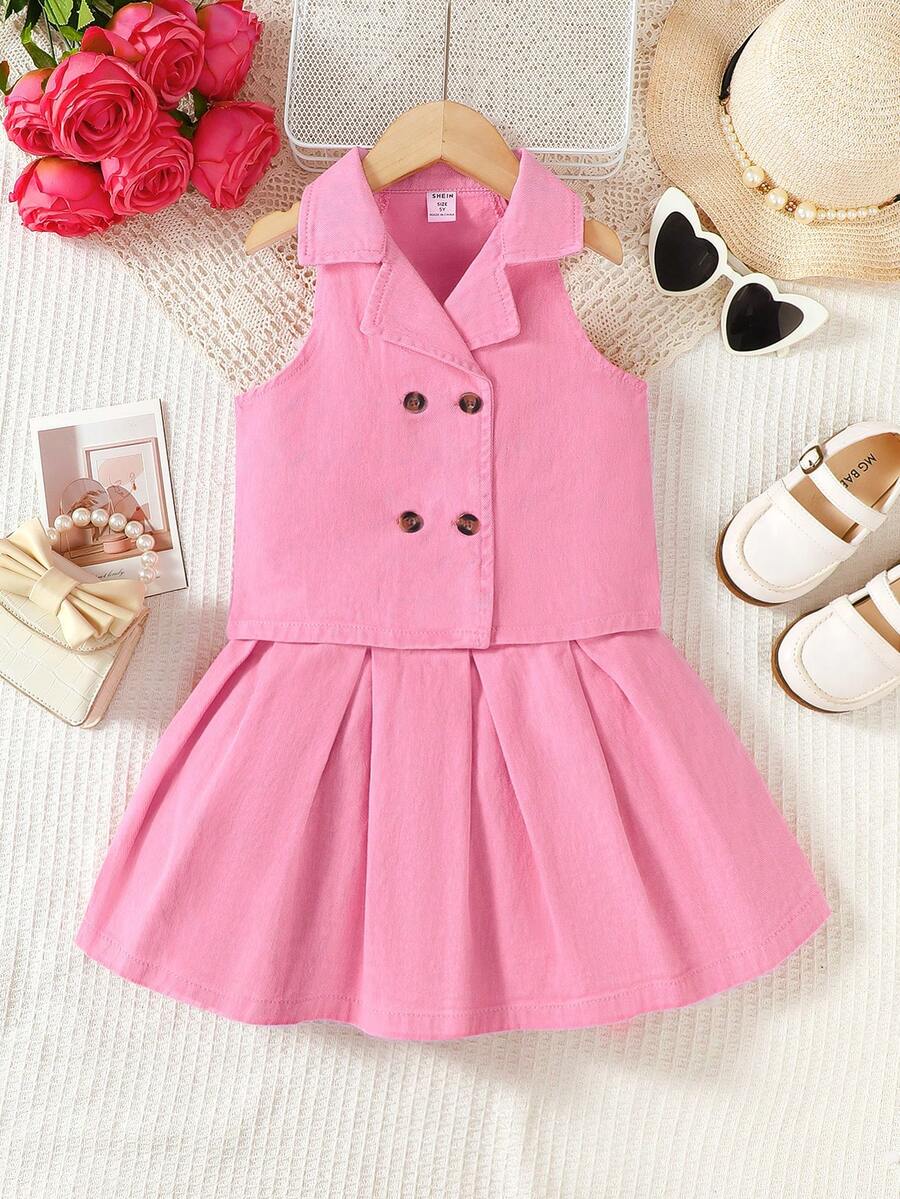 SHEIN 2 pièces Set Top Col mode + Jupe En Jean Plissée Pour Jeune Fille - Rose bonbon - Voir 1